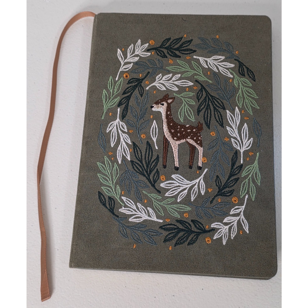 Denik Embroidered Deer Journal Notebook Lined Pages Ribbon Bookmark Green Cover